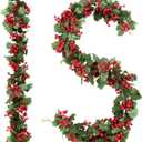 Findosom Total 11.2FT Christmas Garland for Mantle, 2PCS Flexible Red Berry Garland with Leaves, Artificial Garlands for Decoration Christmas Fireplace Indoor Outdoor Home Stairs Holiday Decor