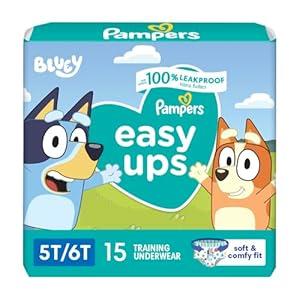 Easy Ups Girls & Boys Potty Training Pants, Size 5T-6T, 15 Count, Bluey Absorbent Training Underwear, Up to 100% Leakproof Day and Night, Hypoallergenic