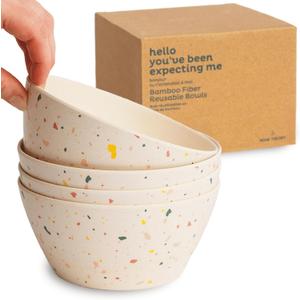 Nook Theory 4 Pack Bamboo Bowls - 22 Oz Reusable Toddler and Kids Bowl, Dishwasher Safe - Not Microwavable Bamboo Dishes (Celebration)