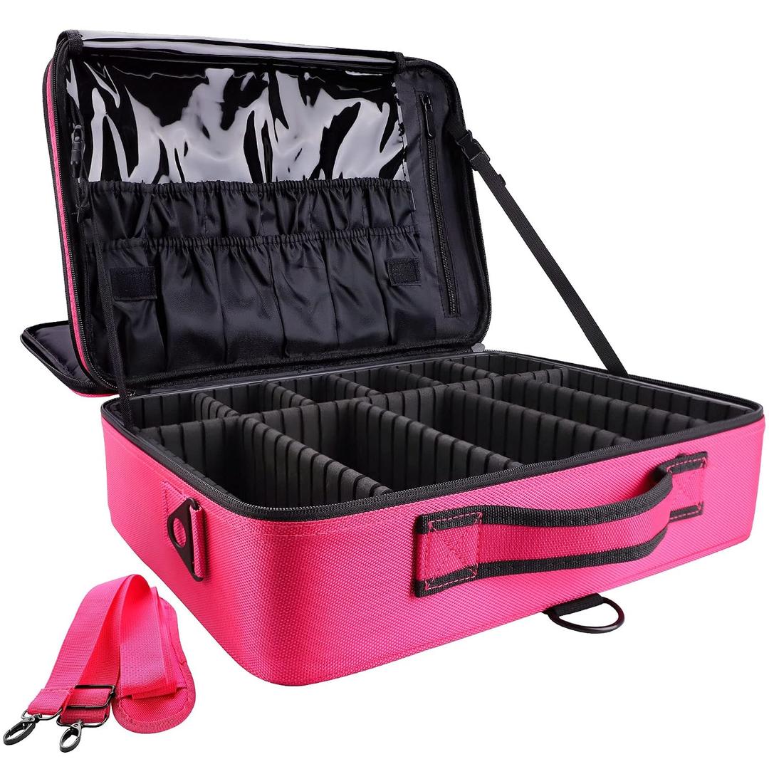 gzcz Large Capacity 16.5 inches Professional Travel Makeup Train Case Portable Artist Cosmetic Brush Organizer Storage Bag With Adjustable Dividers And Shoulder Strap for Toiletry Jewelry Rose Red