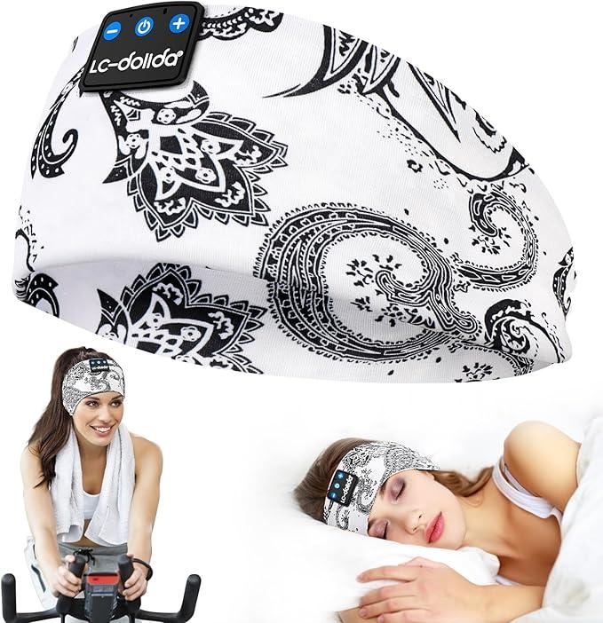 LC-dolida Sleep Headphones Bluetooth Wireless Headphones with Thin HD Stereo Speakers Perfect for Side Sleepers, Sport, Yoga, Travel (Boho White)