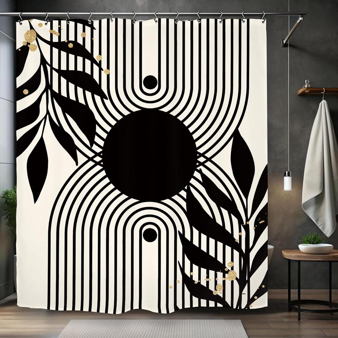 Abstract Minimalist Black Shower Curtain 60Wx72L Inch Modern Contemporary Neutral Aesthetic Leaves Geometric Simple Bathroom Set Accessories Decor with 12 Pack Hooks