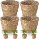 4 Pcs Straw Plant Baskets Indoor Rattan Woven Flower Baskets with Plastic Liner, Cattail Plant Planter for Indoor Outdoor Rustic Boho Home Farmhouse Floor Potted Pots Decor