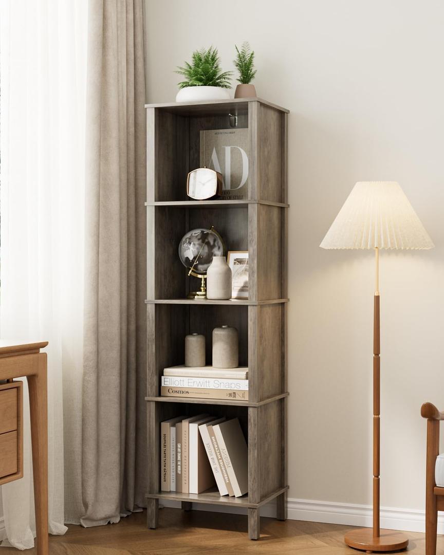 Bookshelf, Modern 4-Tier Bookcase, Open Storage Book Shelf, 11  14.2  50.4 Inches, Small Narrow Bookshelves for Living Room, Home Office, Bedroom, Gray (Grey)