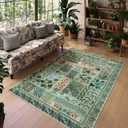 Floral Boho Washable 5x7 Area Rug for Living Room, Green Botanical Rug for Bedroom Dining Room Low Pile Non Slip, No Shed Large Carpet for Home Office Decor