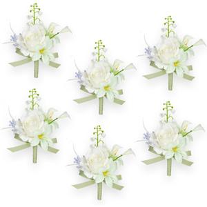 AuroraAria Pearl White Boutonniere for Men,Set of 6,Groom Boutonniere for Wedding,Anniversary,Homecoming,Formal Dinner Party,Wedding Decor,Artificial Pearl White Rose