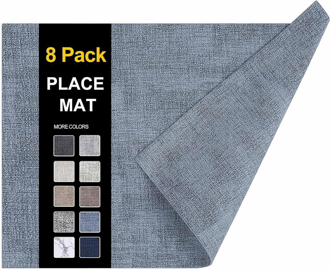 homing Faux Leather Heat Resistant Placemats 8 Packs, Waterproof Wipeable Dining Easter PU Place Mats for Indoor & Outdoor, Easy to Clean, Denim Blue