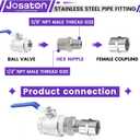 1/2" NPT Male to 3/8" NPT Male Reducing Hex Nipple, Josaton 304 Stainless Steel Pipe Fitting Reducer Nipple Adapter Straight High Pressure Hose Connector for Gas, Oil, Water, and Fuel Applications