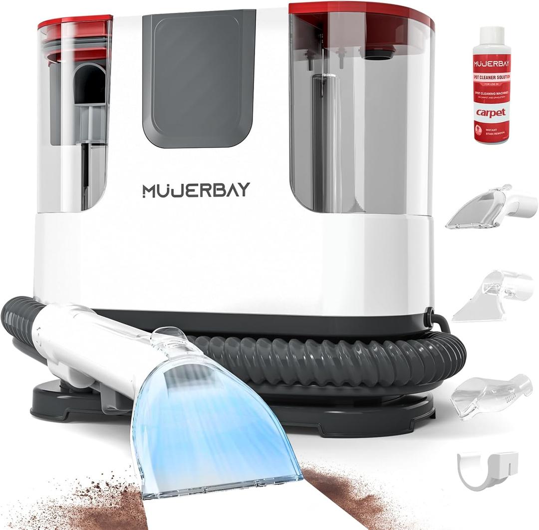 Upholstery Carpet Cleaner, MUJERBAY 12Kpa Portable Spot and Stain Cleaner, Easy Move with Universal Wheels & Handle, 1.18-inch Deep Cleaning Machine for Couch, Stairs, Car and Pet Messes.Red