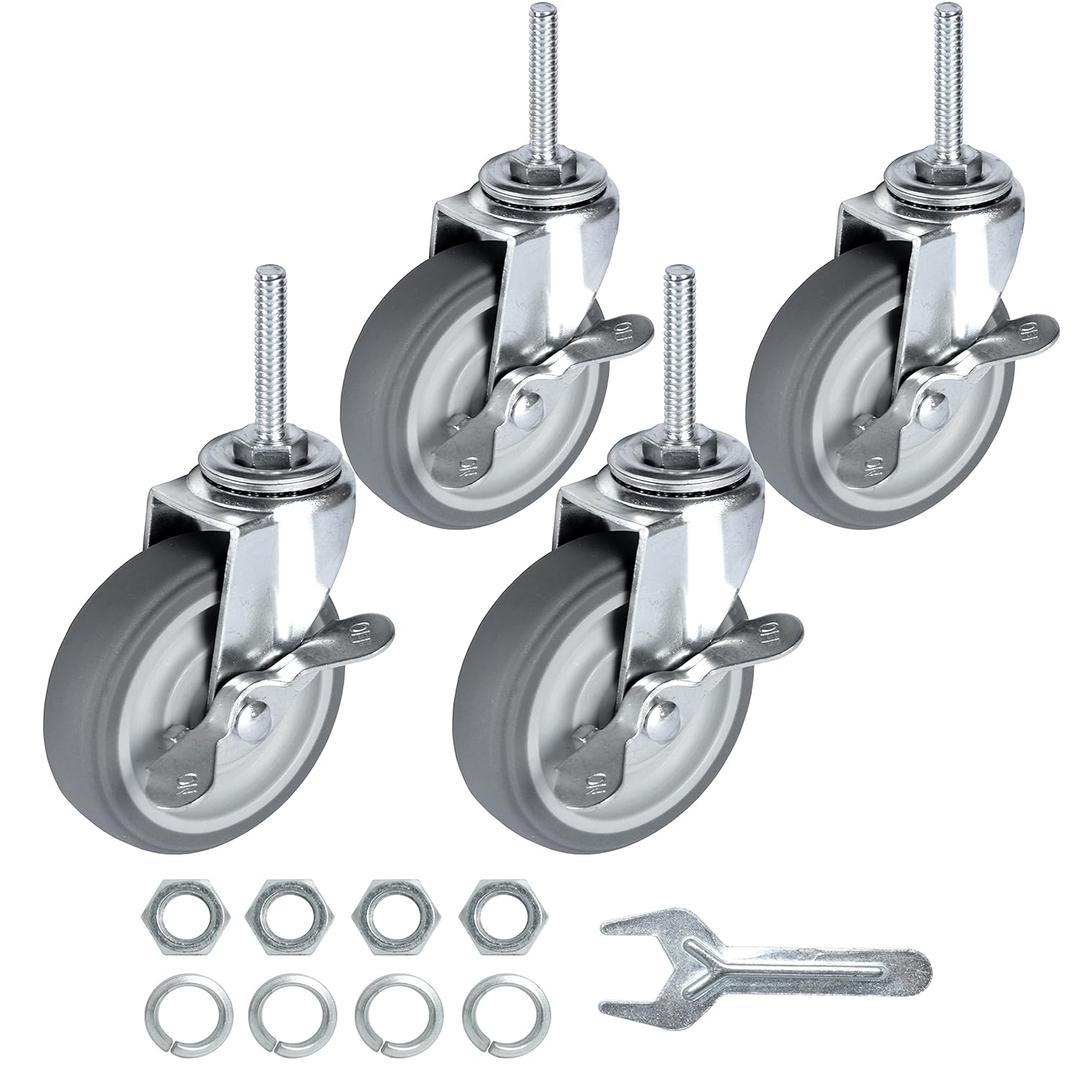 Finnhomy Caster Wheels 3 Inch Set of 4 Heavy Duty Threaded Stem Casters 5/16"-18x1-1/2 Swivel Rubber Industrial Castors Locking Wheels for Wire Shelving/Furniture/Carts Load Bearing 720 Lbs Gray