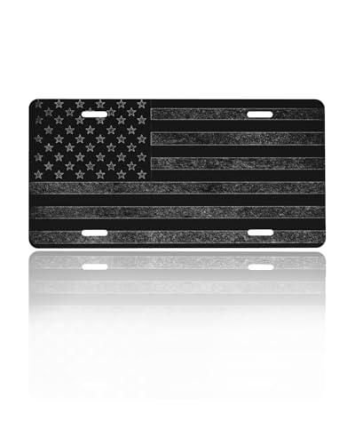 GACCAP Front License Plate Cover Car Decor Accessory Aluminum Metal Rust-Proof US Car Plate Novelty Vanity Tag Cover with 4 Holes for Men Women 6 * 12 in - Black Grey American Flag