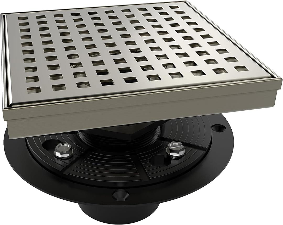 WEBANG 6 Inch Square Shower Drain Nickel Floor Drain with Flange Square Holes Pattern Cover Grate Removable SUS304 Stainless Steel Watermark&CUPC Certified Brushed Nickel
