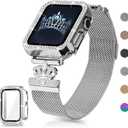 Magnetic Band Compatible with Apple Watch 38mm 40mm 41mm 42mm 44mm 45mm 46mm Stainless Steel Metal Strap with Bling Case and Built-in Screen Protector, Dressy Milanese Loop iWatch Bands for Women (Silver)