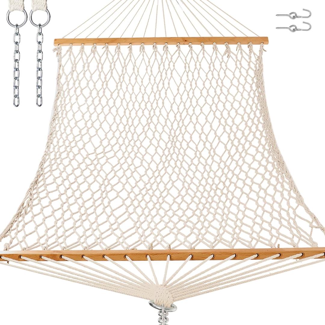 GAFETE 12ft Double Hammocks for Outside, Handwoven Traditional Cotton Rope 2 Person Hammock with Hardwood Spreader Bar, Chains & Hooks for Indoor Outdoor, Max 450 lbs Capacity (Natural Beige, Medium)