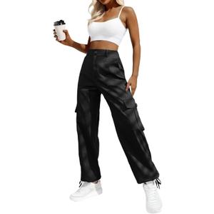 Lepunuo Women's High Waisted Cargo Pants Travel Y2K Streetwear Baggy Stretchy Pants with 6 Pockets Drawstring Ankle Cuffs (Black, M)