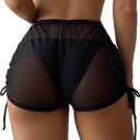 Women's Drawstring Side Mesh Sheer Beach Summer Cover Up Shorts Bikini Bottoms (Black) S