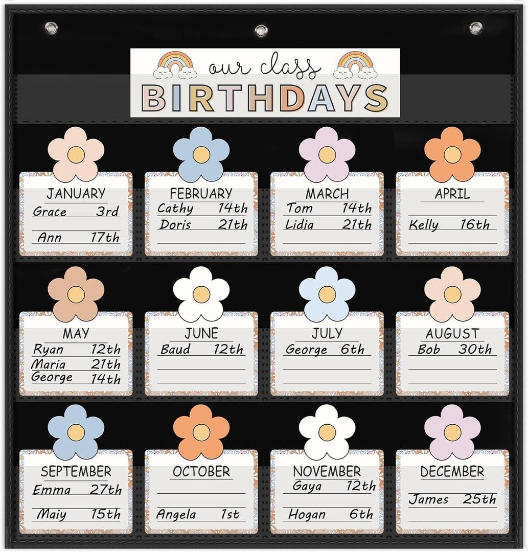 FYSUIMU Birthday Pocket Chart Pastel Boho Flower Month Cards Colorful Birthday Chart Calendars for Classroom Bulletin Board Chalkboard Wall Display