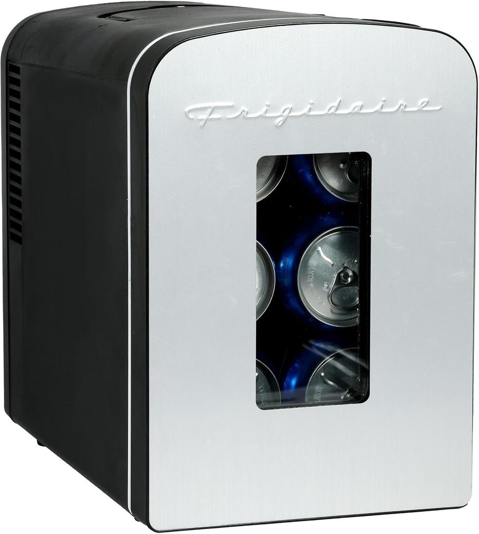 Frigidaire Portable 9-Can Mini Cooler Fridge, 5L, Brushed Stainless Rugged, Window, EFMIS189-SS, Clear Door, Glass