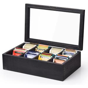 Alsonerbay Wooden Tea Box Tea Bag Holder Kitchen Storage Chest Box for Spice Pouches and Sugar Packets with 8 Compartments and Glass Window Weathered Black