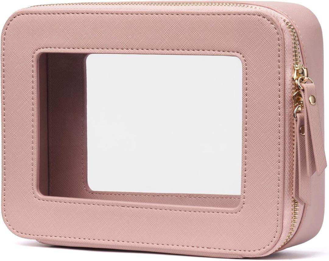 Popvibe Clear Makeup Bag Travel Cosmetic Case Transparent Toiletry Bag with Zipper, Portable Make Up Organizer Traveling Compact Car Bag for Essentials (Mauve)