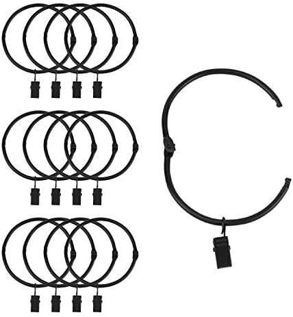 Suneration 12 Pack Openable Curtain Rings with Clips Metal Hangers Ring 3 inch Interior Diameter Rust Proof for Heavy Duty Vintage Decorative Drapery Eyelet Curtain Rods Black