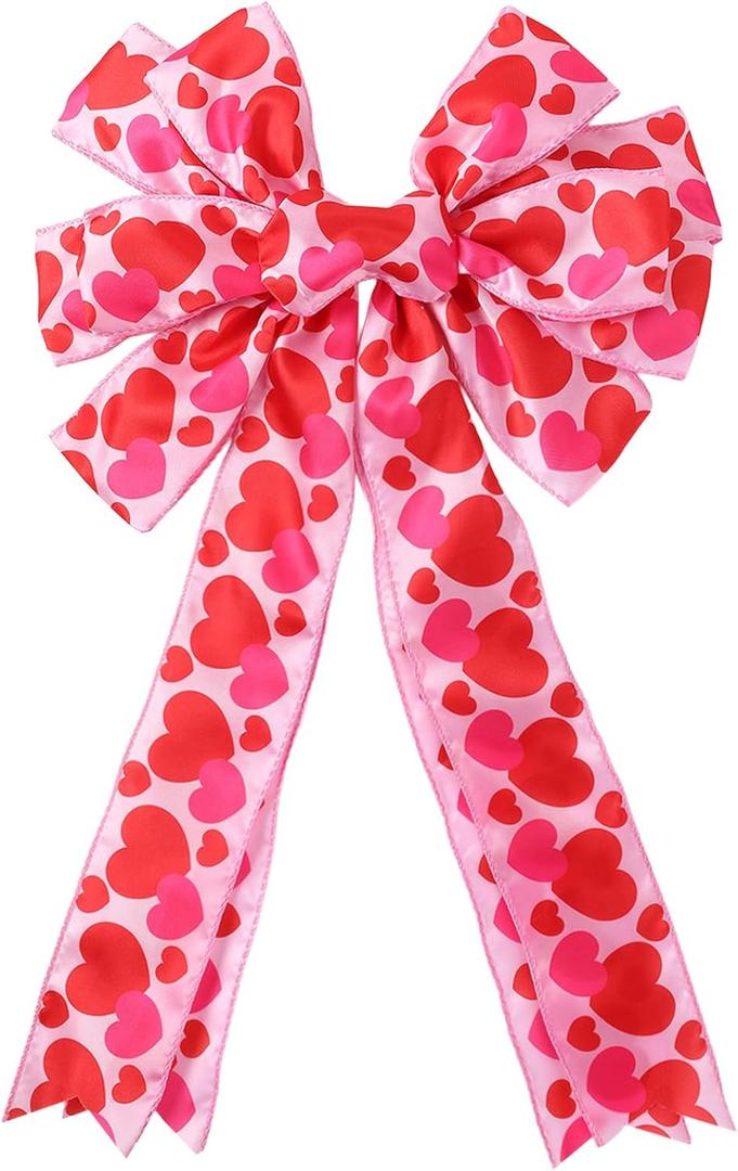 Valentine's Day Bow Large Valentine's Day Wreath Bows 11.4x19.6 In Valentine's Day Pink Love Heart Ribbon Bow for Wreath Valentine Tree Topper Bow for Valentine Wedding Front Door Indoor Outdoor Decor