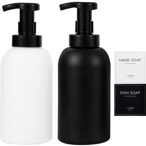 Foaming Hand Soap Dispenser Glass Jar Foam Dish Soap Dispenser for Bathroom and Kitchen Sink, Liquid Pump Bottle for Shampoo, Body Wash, Hand Soap, Black + White, 2 Pack