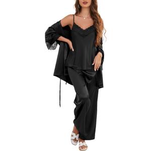 Moreone Women's Silk Satin Pajama Set 3-Piece with Robe, Sexy V-Neck Lace Cami Top and Long Pants, Luxury Soft Sleepwear (Black)