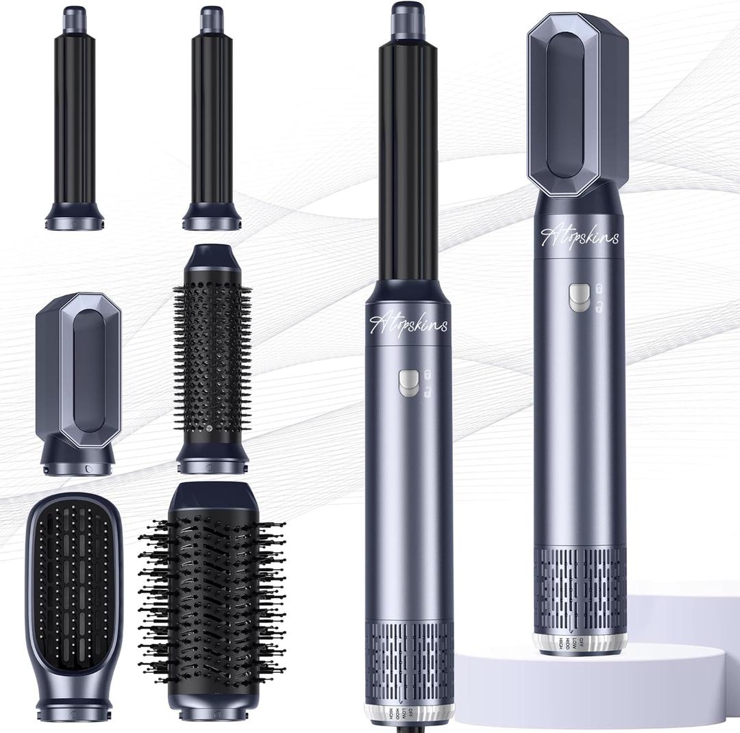 Atopskins 6 in 1 Hair Dryer Brush Hot Air Styler Detachable for Travel, Blow Dryer 3 Heat Settings to Straighten, Auto Curl, Volumize Home Salon Results Frizz-Free Shine All Hair Types (Blue-Pink)