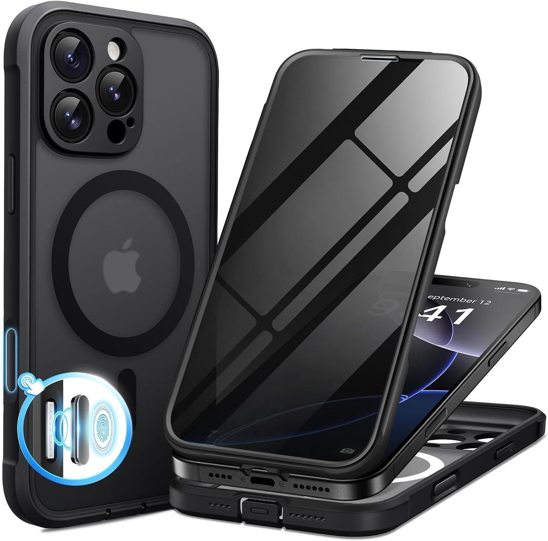 BERFY for iPhone 16 Pro Case, Compatible with MagSafe, Built-in Privacy Screen Protector, Camera Protection, Shockproof Full Body Phone Case 6.3", Translucent Black