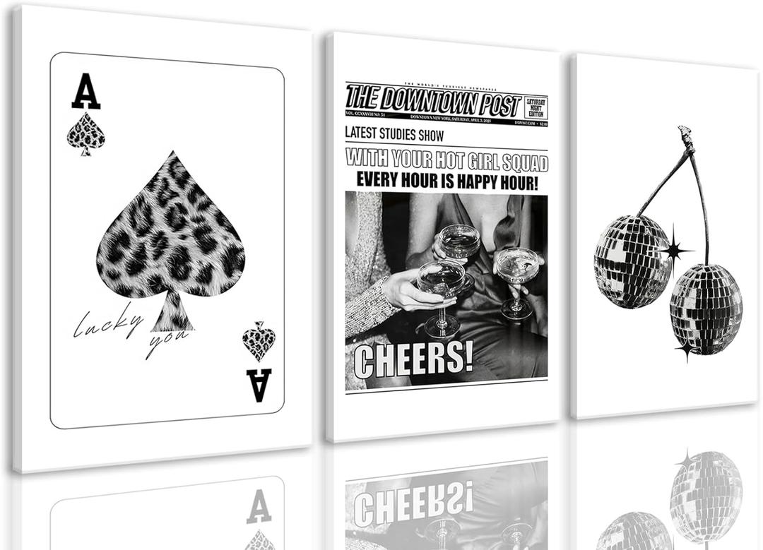 BingruiArt Trendy Black and White Wall Art Funky Bar Cart Canvas Set of 3 Fashion Posters Girly Vintage Aesthetic Print Ace Poker Card Decor Disco Ball Picture For Game Room Dorm Bar 12"x16" Framed