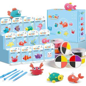 Air Dry Clay Kit for Kids -12 Marine Animals Theme Colored Clay Sculpting kit, Ultra Light DIY Model Magic Clay with Sculpting Tools and Tutorials, Soft & Non-Sticky, Arts and Crafts Gift for Kids