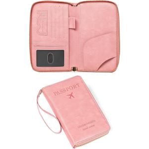 Leather RFID Blocking Passport Holder Travel Wallet, Passport Cover/Travel Wallet for Women/Men with (Light Pink)