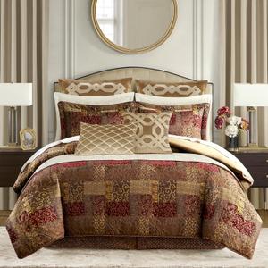Croscill Galleria 4 Piece Jacquard Oversized Comforter Set, Luxury Traditional Patchwork Design Comforter Sets, Ultra Soft Bedding with 2 Pillow Shams, 1 Bed Skirt, Galleria, Queen, Red
