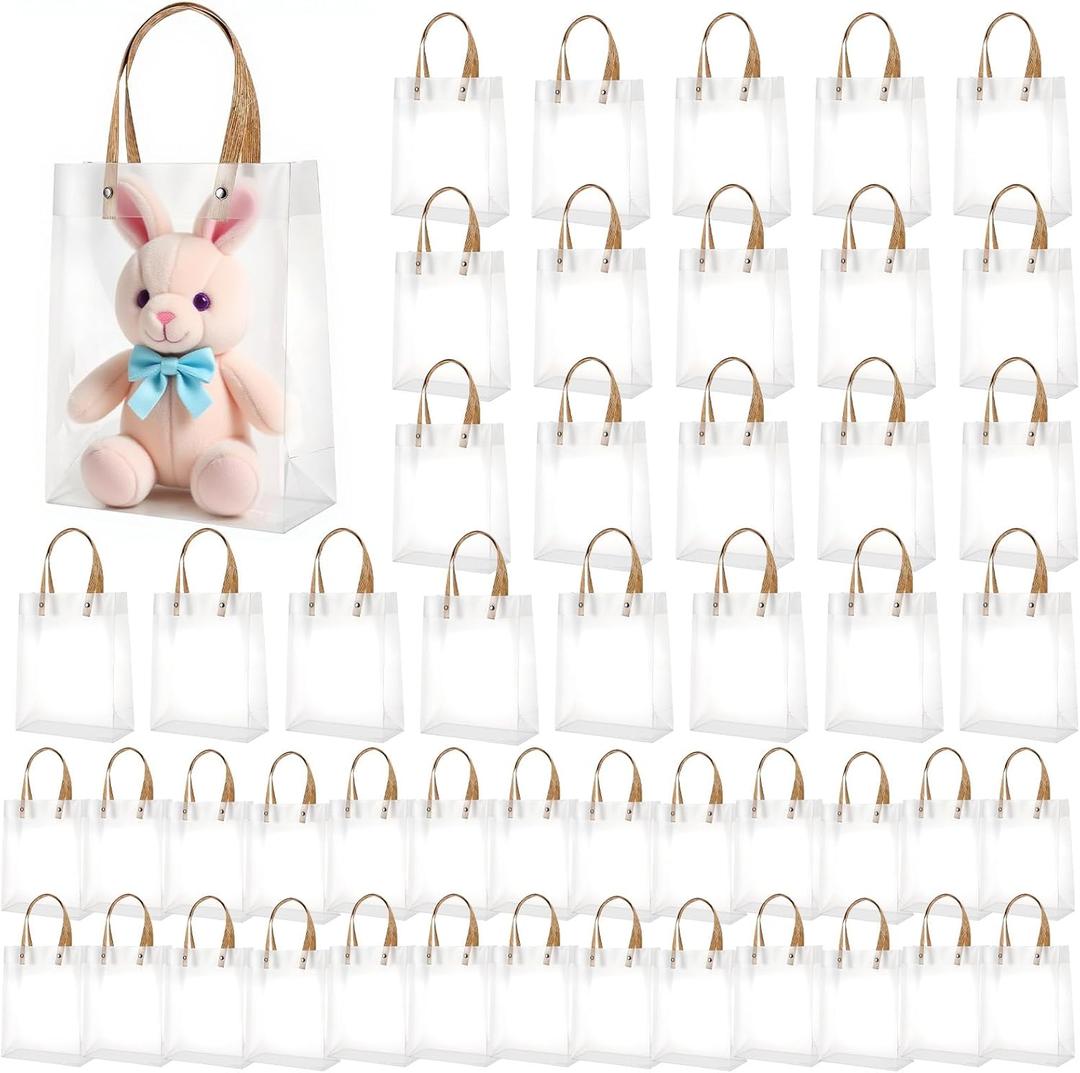 ADLABLD 50 Pcs Clear Plastic Gift Bags with Cowhide Handles, Transparent Reusable Tote Bags, Party Favor Bag Mother's Day, Boutique, Wedding, Birthday, Baby Shower Party (9 x 7.1 x 3 Inch)