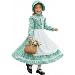 Cuteshower Pioneer Dress for Girls Colonial Costume Girls Prairie Dress for Halloween 5-12 (10-12 Years, Green)