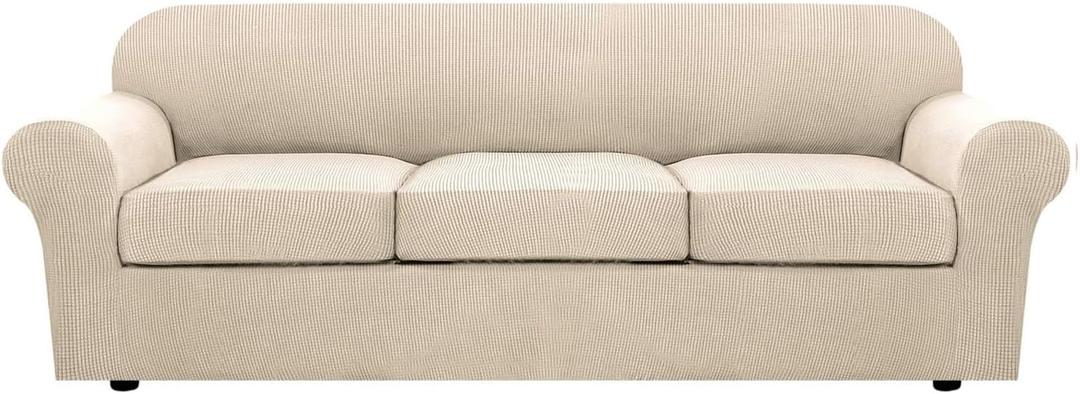 4 Piece Stretch Sofa Covers for 3 Cushion Couch Covers Furniture Slipcovers for Living Room (1 Base Cover Plus 3 Seat Cushion Covers) Thicker Jacquard Fabric Cover (XL Sofa, Natural)