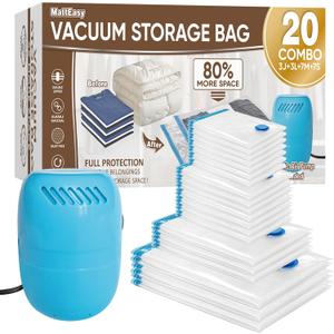 Vacuum Storage Bags with Electric Pump, 20 Pack (3 Jumbo/3 Large/7 Medium/7 Small), Space Saver Bags with Pump, Storage Vacuum Sealed Bags for Clothes, Comforters, Blankets, Bedding