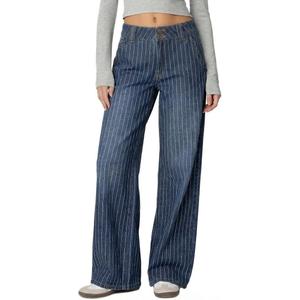 Women's Mid Rise Striped Baggy Barrel Jeans Wide Leg No Stretch Denim Pants, Size XSS (Blue)