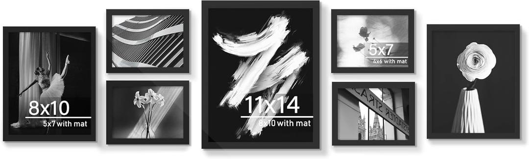 Real Glass Collage Picture Frames - 7 Pack, Gallery Frame Set, Multi Sizes Including 11x14, 8x10, 5x7, Collage Wall Decor for Hanging or Tabletop Display, Black