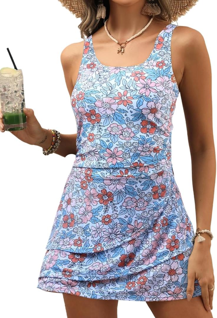 CiCiBird Women One Piece Tummy Control Swimsuit Modest Swim Dress Bathing Suit Skirt Swimwear (Large, Floral Purple)