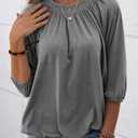 Grlasen Women's Solid Crew Neck T Shirt Blouse Cotton Half Sleeve 3/4 Sleeve Casual Loose Pleated Basic Tops (Gray, S)