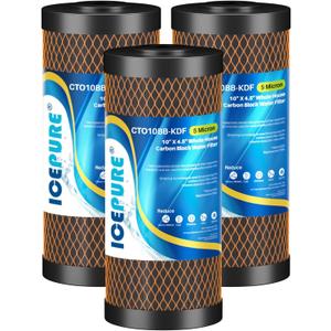 ICEPURE 5 Micron 4.5" x 10" CTO10BB-KDF Whole House Water Filter Coconut Shell Activated Carbon and KDF Heavy Metal Removal Water Filter Replacement for Home, 3PACK,10" x 4.5" (KDF+CTO Carbon)