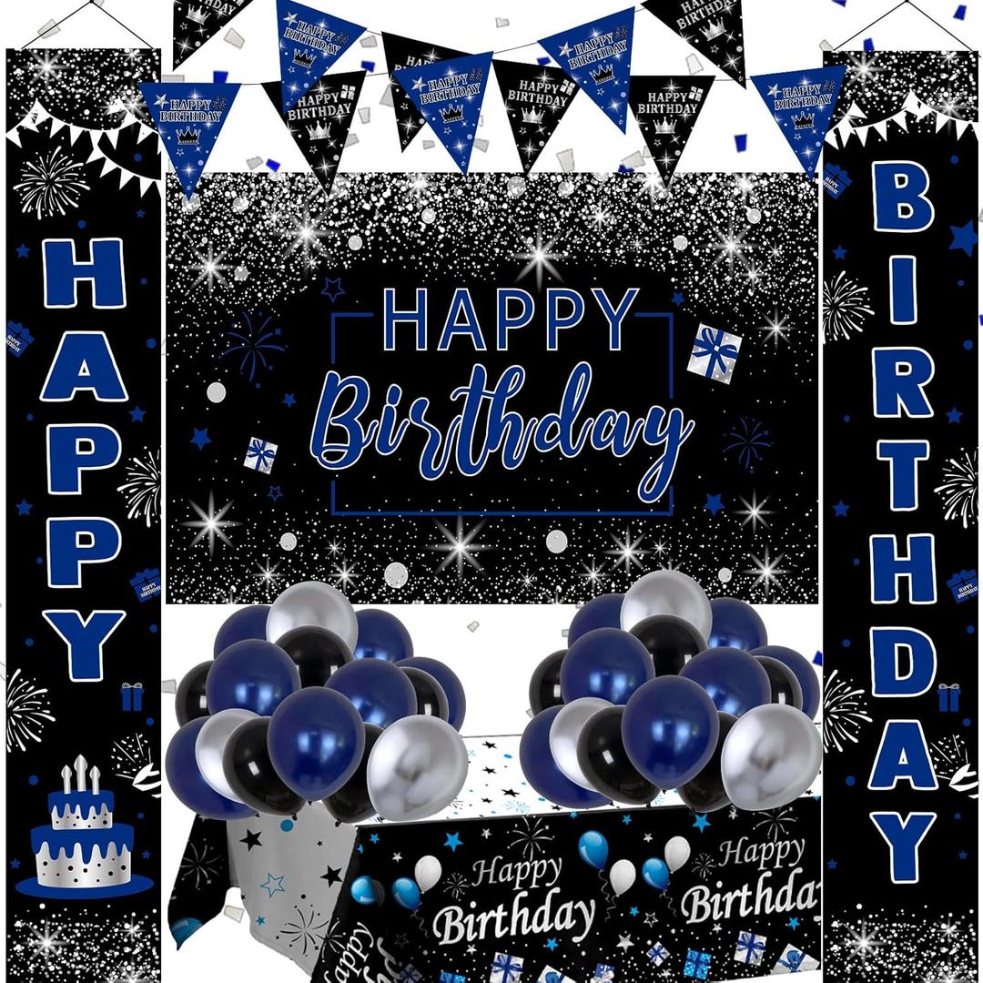 Black and Blue Birthday Decorations, 37 PCS Blue Silver Party Decorations for Boys Men Women Girls, Balloon Supplies with Happy Birthday Backdrop Banner Tablecloth Confetti Balloons Arch