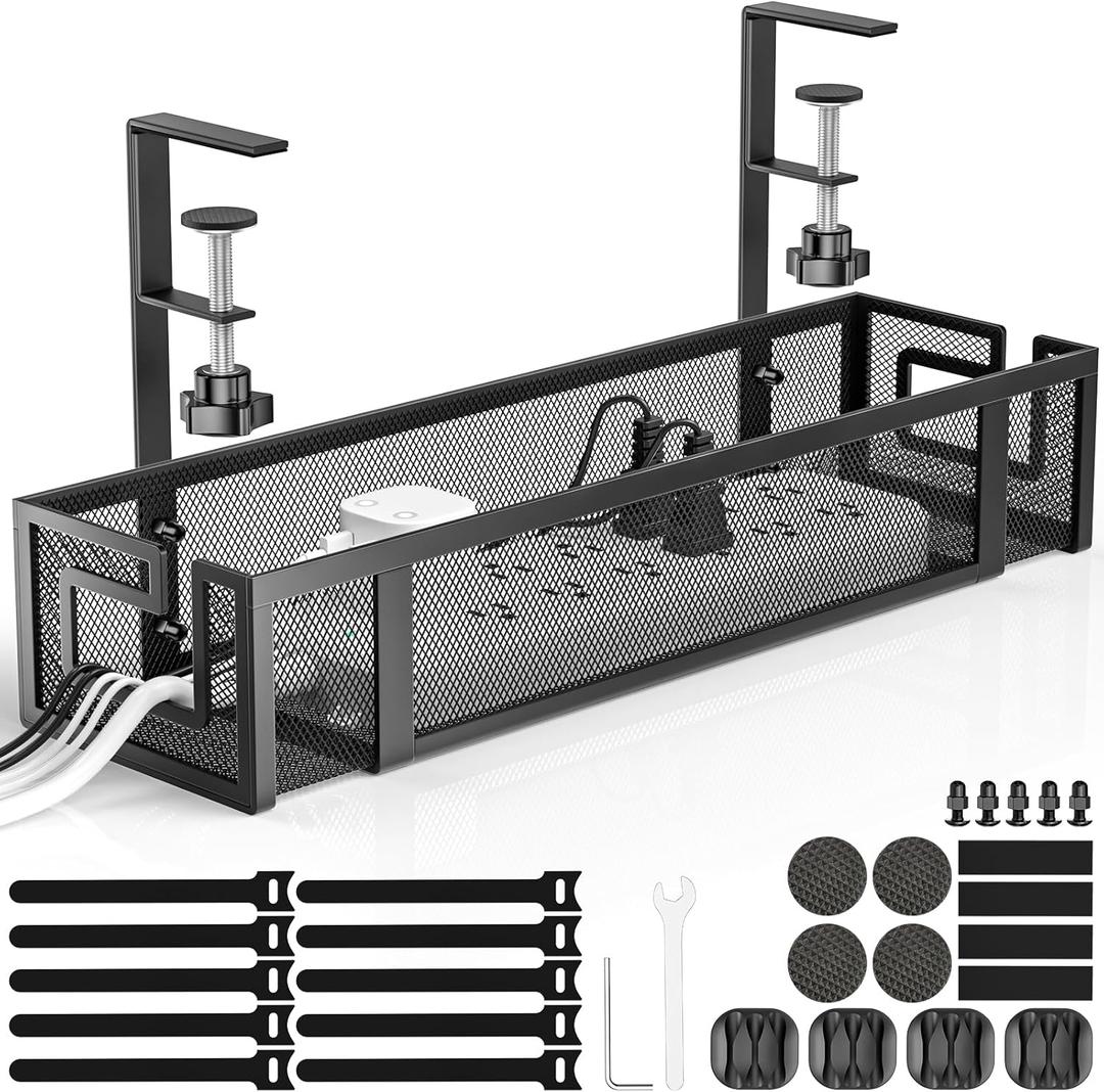 Under Desk Cable Management Tray, GZOKMOG 15.75" No Drill Cable Management Under Desk, Heavy Duty Metal Cord Organizer, Home Office Wire Management for Standing/Gaming Desk, 1 Pack Black