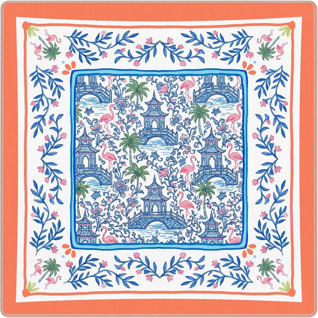 Blue Floral Chinoiserie Mahjong Mat 31.5" x 31.5", Traditional Chinese Pagoda Non-Slip Noise Reduction Mahjong Table Cover Accessories for Dominoes Poker Card Board and Tile Games Gifts