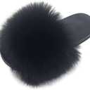Women's Faux Fur Slides Slippers Fluffy Fuzzy Sandals Open Toe Furry Slide Flip Flop Indoor Outdoor, 7, Black