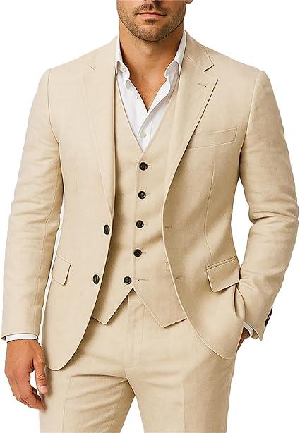 Mens Formal Wear Summer Beach Party Wedding Beige 3 Piece Suit Comfortable Fit Large