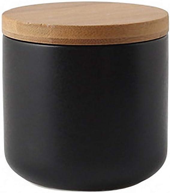 Pure Color Ceramic Sugar Bowl with Wooden Lid Sugar Dispenser Salt Pepper Storage Jar Pot Sugar Container Seasoning Pot Box Condiment Spice Racks Holder for Home Kitchen Black Small