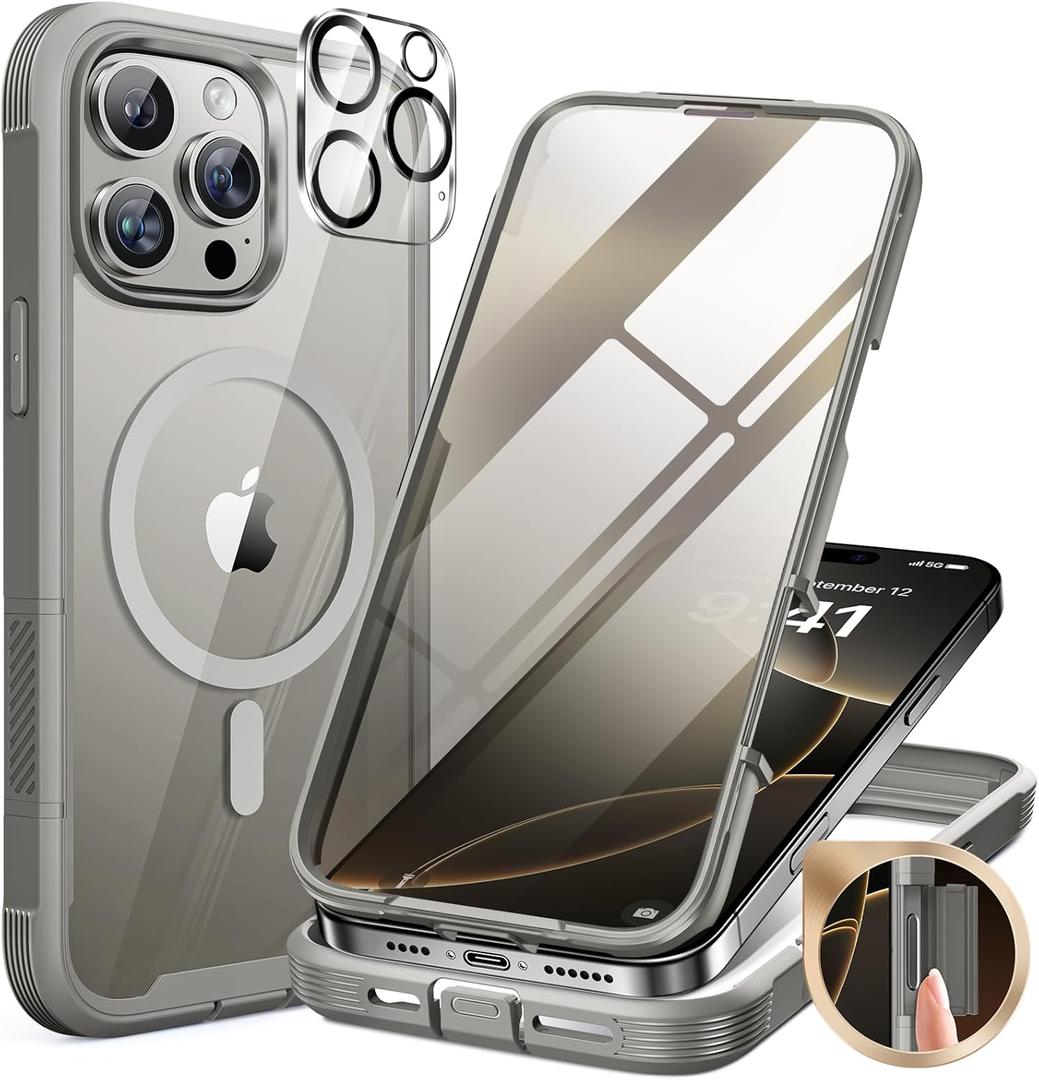 Miracase for iPhone 16 Pro Max Case 6.9'', [Bubble Free] Full-Body Bumper Phone case with Built-in Full Glass Screen &Lens Protector,Compatible with MagSafe,Drop Proof 16 Pro Max Cover,Titianium (iPhone 16 Pro Max 6.9", Magnetic Grey Titanium)